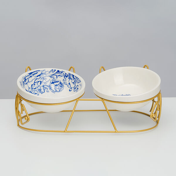 Миски керамические Rurri на подставке с ушками бело-голубая 2х250 мл