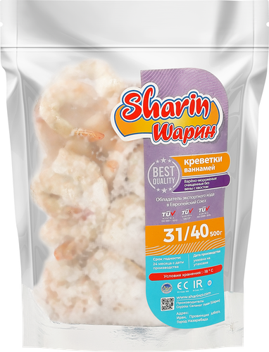 

Креветки варено-мороженые Sharin очищенные с хвостиком 31/40 500 г