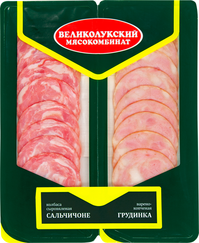 

Колбаса Великолукский Мясокомбинат Сальчичоне сыровяленая и Грудинка свиная варено-копченая кат. В нарезка 100 г