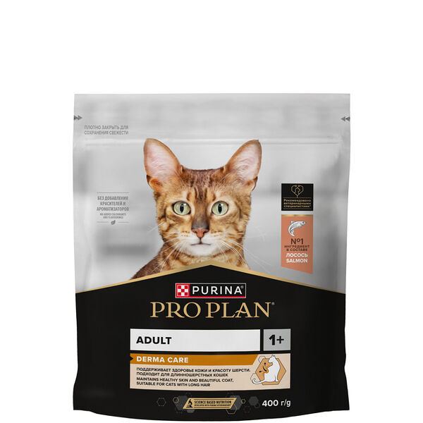 Сухой корм Pro Plan Derma Care для здоровья шерсти и кожи взрослых кошек, с высоким содержанием лосося 400 г