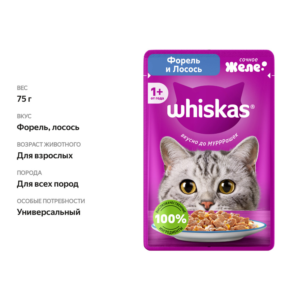 

Корм влажный для кошек Whiskas Желе форель-лосось 75 г