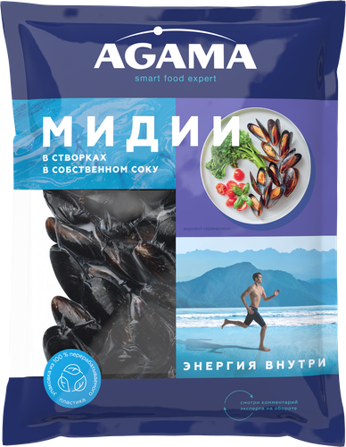 

Мидии в створках Agama в собственном соку варёно-мороженые 450 г
