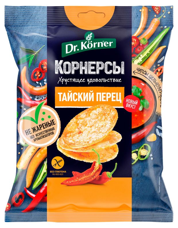 

Чипсы безглютеновые Dr.Korner цельнозерновые с тайским острым сладким перцем 50 г