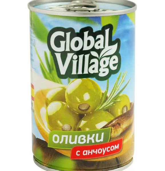 Оливки Global Village зеленые фаршированные анчоусом пастеризованные 200 г