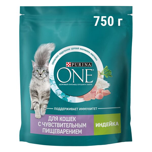Сухой корм Purina One для взрослых кошек с чувствительным пищеварением и разборчивым вкусом в еде с высоким содержанием индейки и рисом пакет 750 г