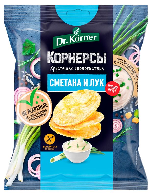 

Чипсы цельнозерновые Dr.Korner кукурузно-рисовые со сметаной и зеленым луком 50 г