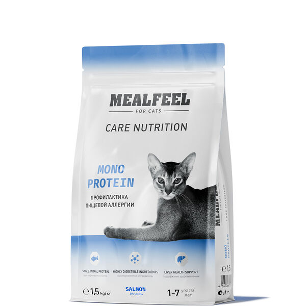 Сухой корм Mealfeel Care Nutrition полнорационный монопротеиновый для взрослых кошек, с лососем, 1.5 кг