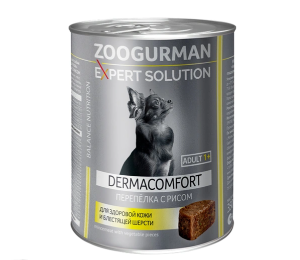 Корм влажный для собак Зоогурман Expert Solution Dermacomfort для здоровой кожи и блестящей шерсти с перепелкой и рисом 350 г