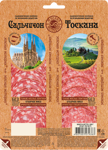 

Нарезка колбасная Мясная история ассорти Сальчичон и Тоскана 100 г