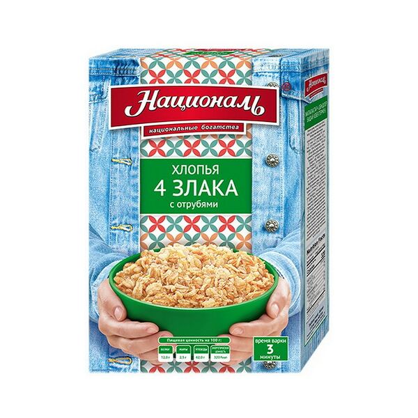 Хлопья 4 злака (мелкие) с пшеничными отрубями  тм Националь 400г РФ