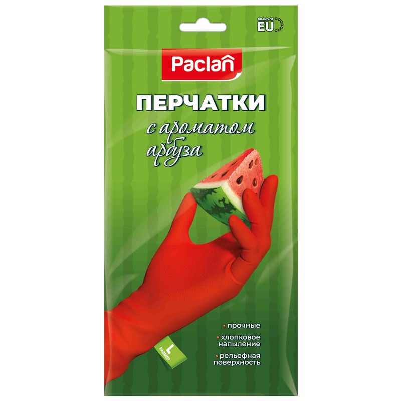 

Перчатки резиновые Paclan с ароматом арбуза размер L 1 пара дизайн упаковки в ассортименте
