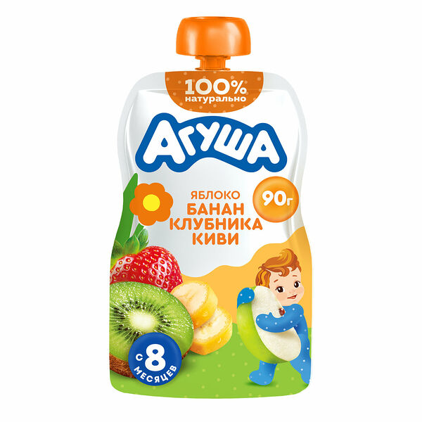 Пюре фруктово-ягодное детское Агуша Яблоко-банан-клубника-киви с 8 месяцев 90 г