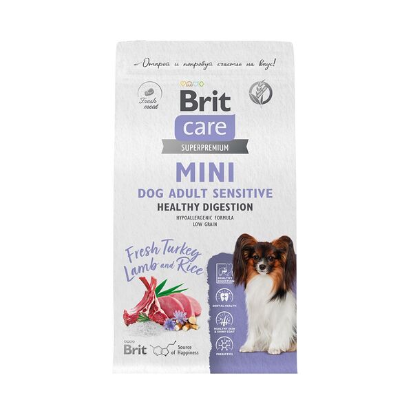 Сухой корм для взрослых собак мелких пород Brit Care Mini Adult Sensitive Healthy Digestion, с индейкой и ягненком 1.5 кг