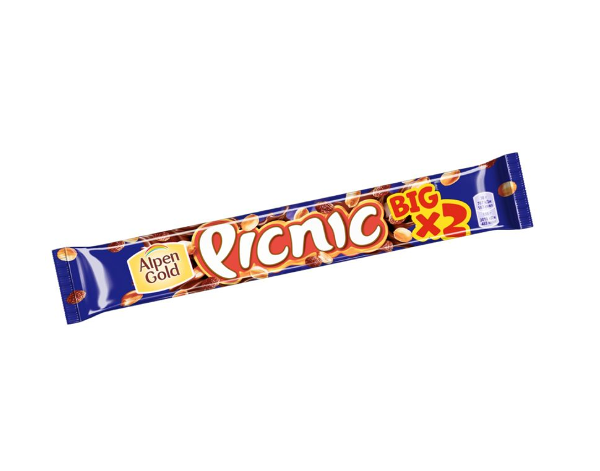 Батончик Picnic Big конфета с арахисом и изюмом с начинкой из мягкой карамели вафель и воздушного риса покрытая молочным шоколадом 76 г