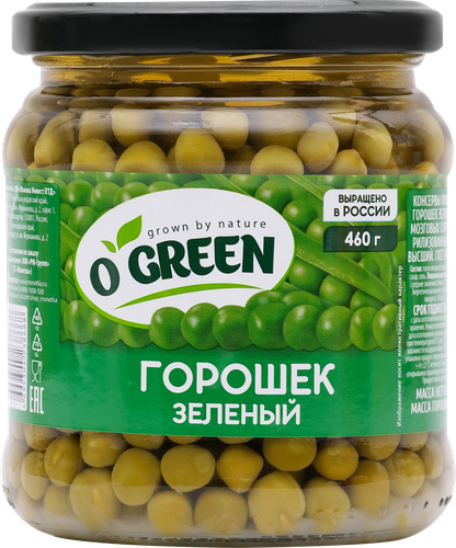 

Горошек зеленый O'green мозговых сортов 460 г