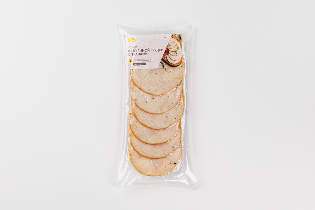 

Ветчина ВкусВилл из куриной грудки с травами нарезка 150 г