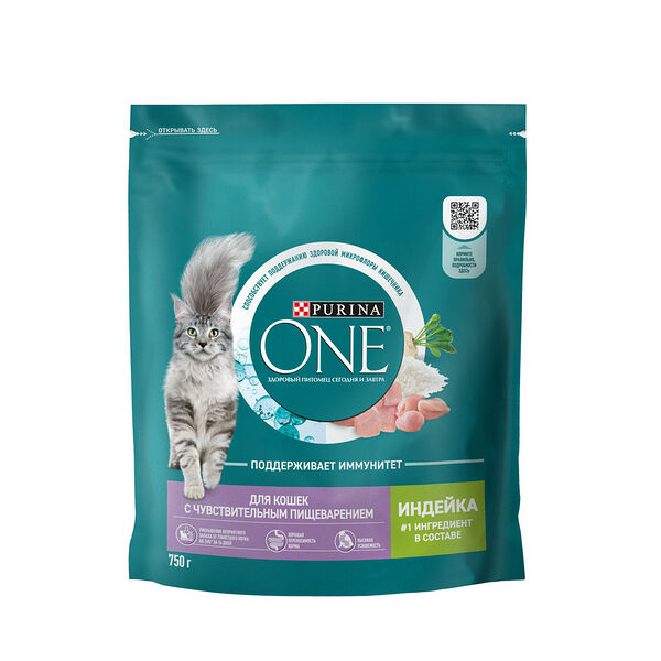 Сухой корм Purina One для взрослых кошек с чувствительным пищеварением и разборчивым вкусом в еде с высоким содержанием индейки и рисом пакет 750 г