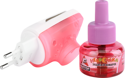 

Комплект от комаров Раптор Некусайка фумигатор и жидкость 45 ночей розовый 28 мл