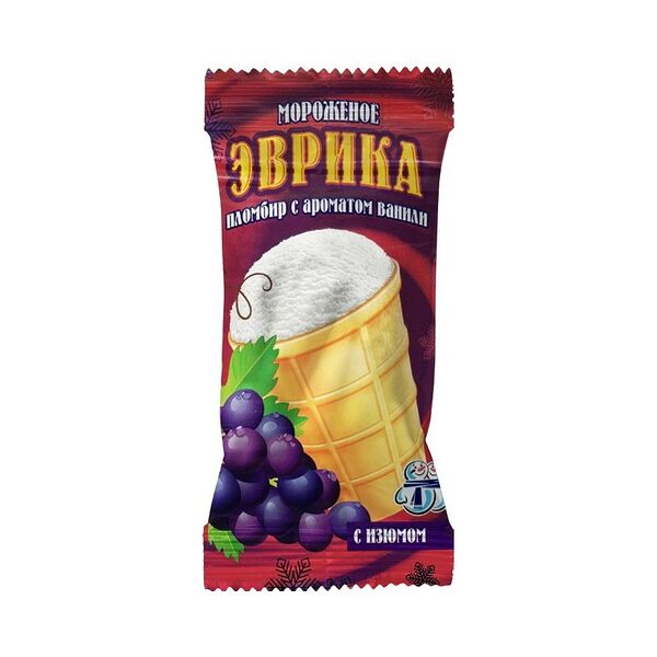 Мороженое ЭВРИКА пломбир с ароматом ванили с изюмом вес 80г Хладокомбинат №2