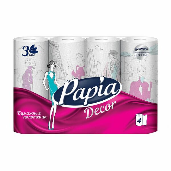 Бумажные полотенца, Papia, 3 слоя, 4 рулона