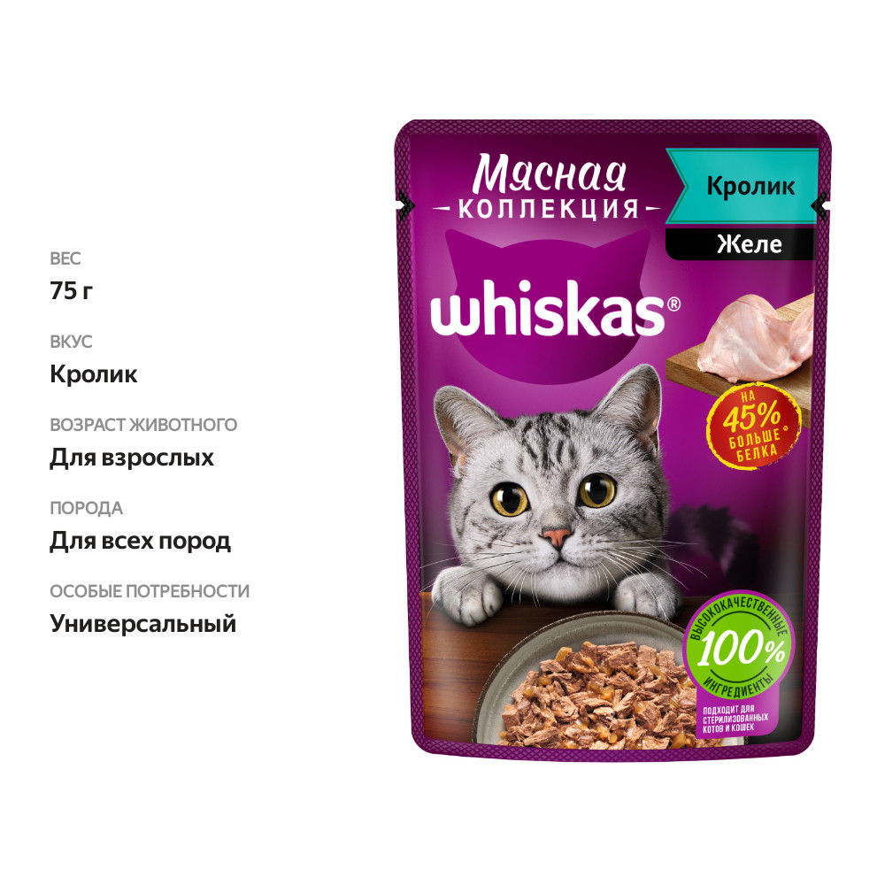 

Влажный корм для кошек Whiskas Мясная коллекция с кроликом 75 г