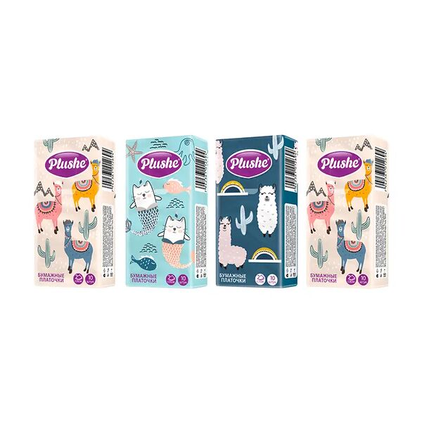 Платочки бумажные, Plushe, 10 шт., в ассортименте