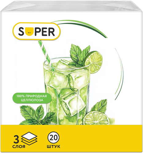 

Салфетки SUPER бумажные Коктейли 3-сл 33х33 см дизайн в ассортименте