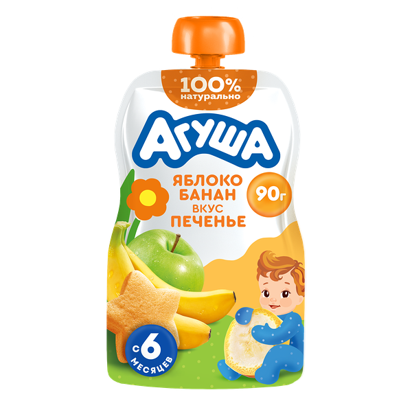 Детское фруктовое пюре Агуша Яблоко-Банан-Печенье в мягкой упаковке, с 6 месяцев 90 г
