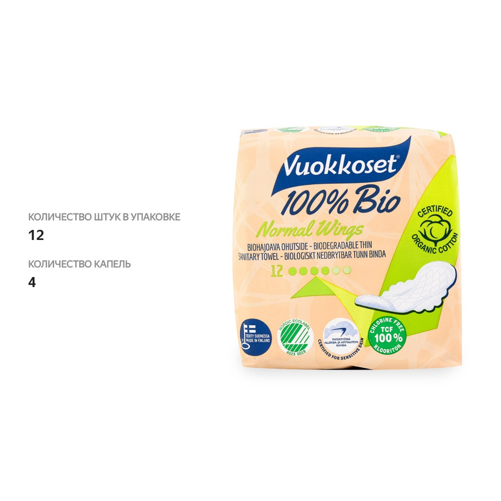 

Прокладки Vuokkoset Normal Wings женские, 12 шт