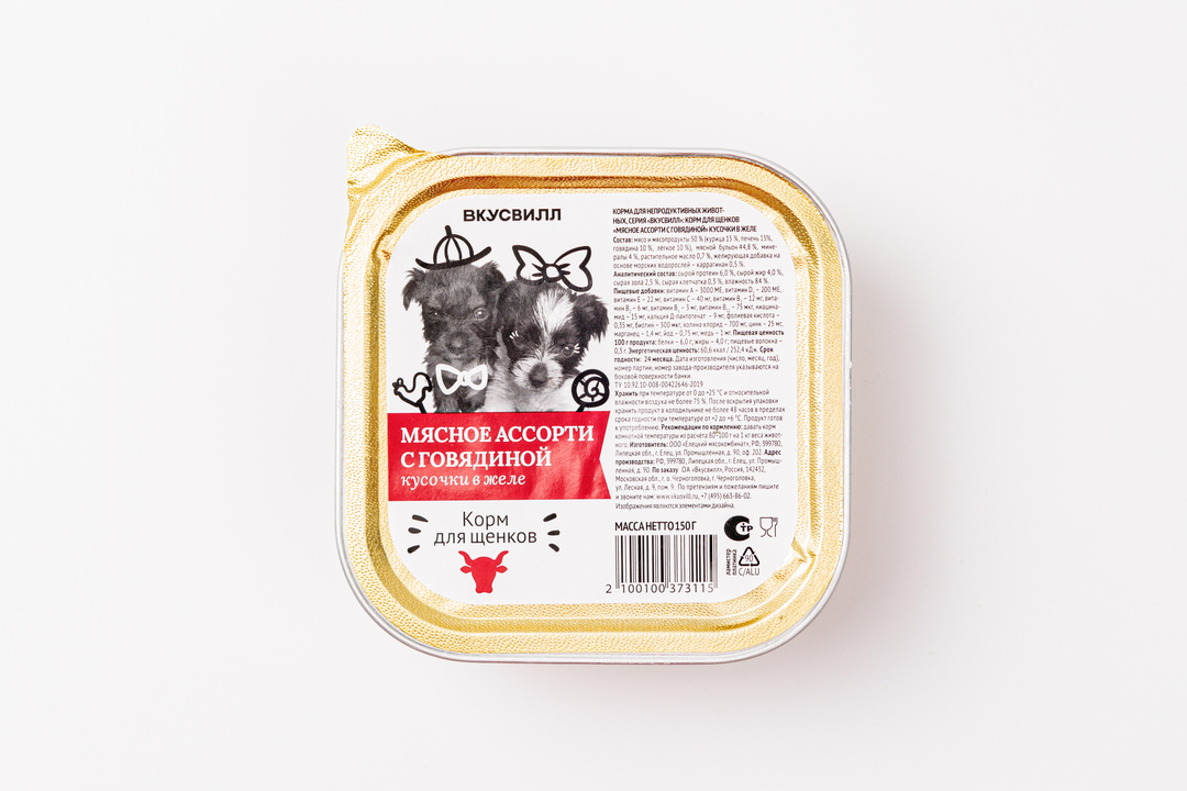 

Корм влажный для щенков Мясное ассорти с говядиной кусочки в желе, 150 г