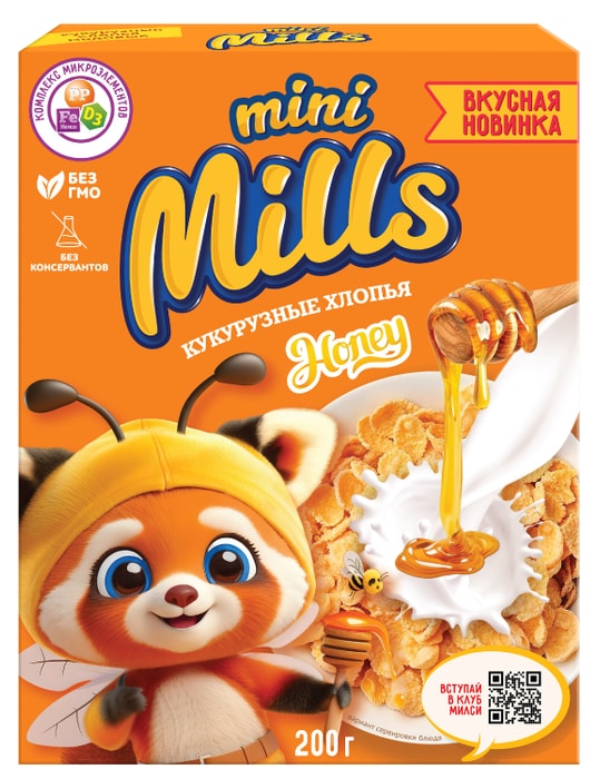 

Хлопья кукурузные Mini Mills Медовые, обогащенные витаминами и железом 200 г