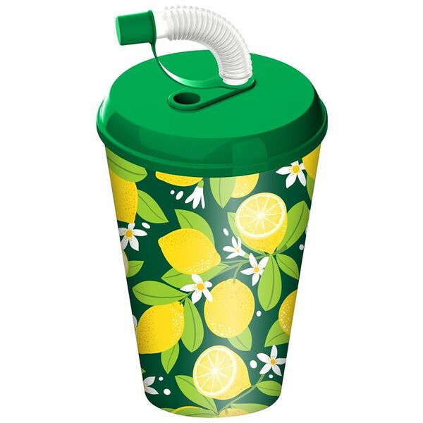 Стакан с крышкой и трубочкой и с колпачком с декором 420 мл цвет в ассортименте 