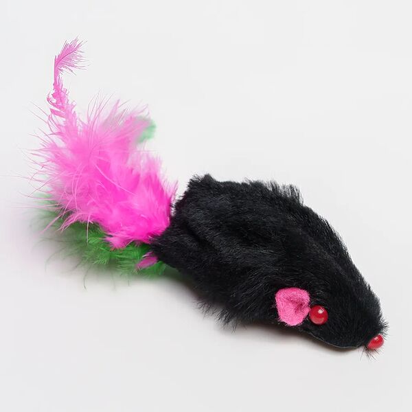 Игрушка для кошек Мышка (натуральный мех) с перьями разноцветная 5 см, в ассортименте
