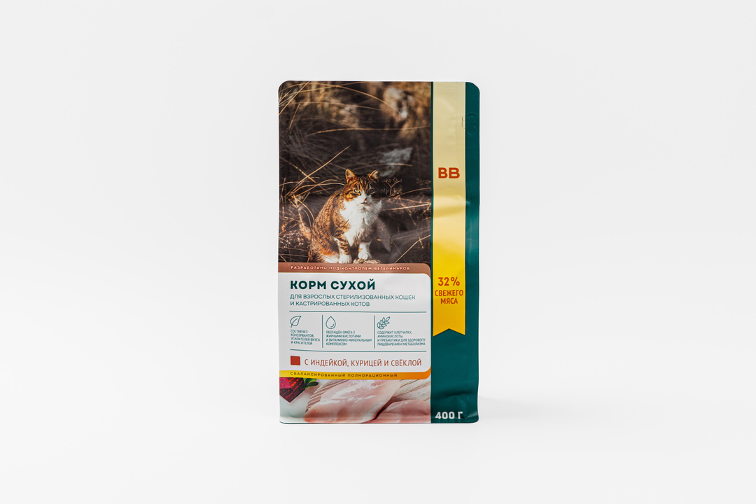 

Корм сухой полнорационный для стерилизованных кошек ВкусВилл с индейкой, курицей и свеклой 400 г