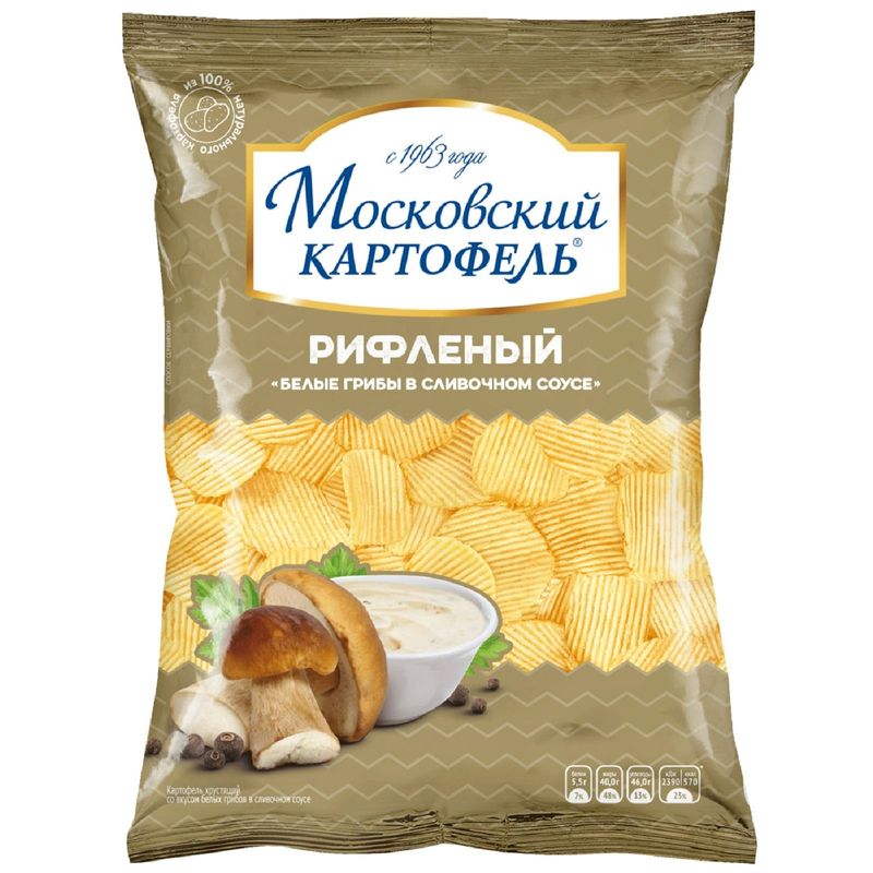 

Чипсы картофельные Московский картофель Хрустящие рифленые Белые грибы в сливочном соусе 120 г