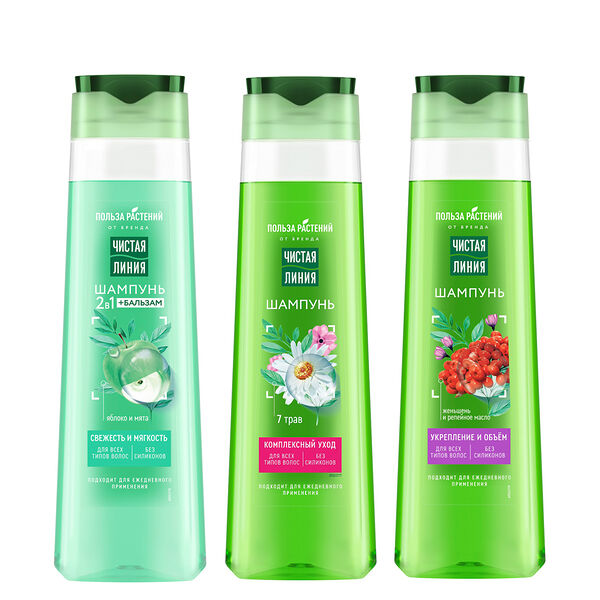 Шампунь для волос чистая линия 3 вида, в ассортименте, 385 мл