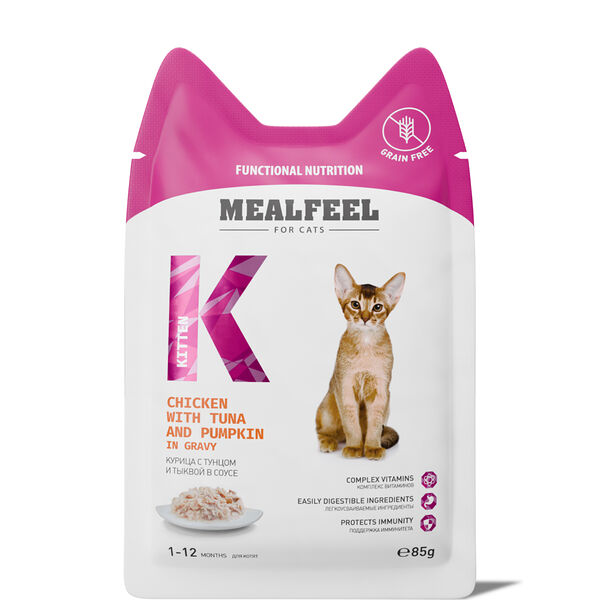 Влажный корм Mealfeel для котят, курица с тунцом и тыквой в соусе, 85 г