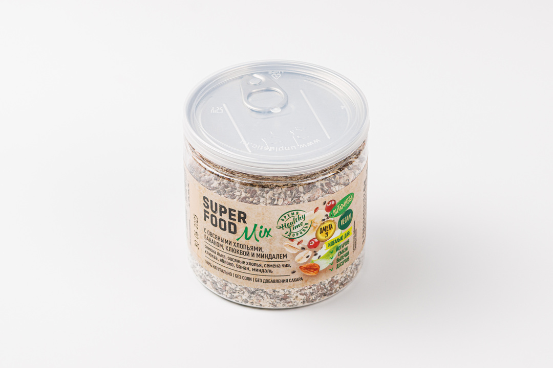 

Смесь семян Super Food Mix с овсяными хлопьями, сушеным бананом, клюквой, яблоком и миндалем, 250 г