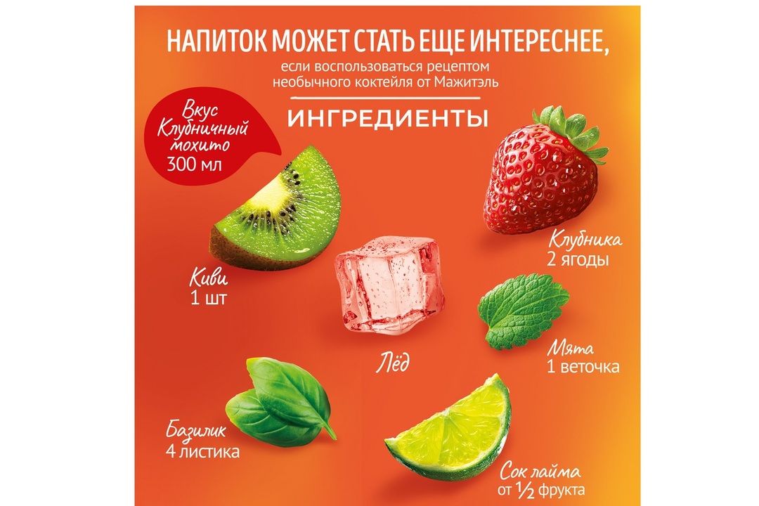 

Напиток сывороточный коктейль Мажитэль с соком Клубничный мохито 950 г