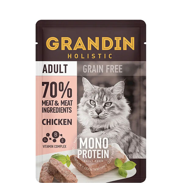 Adult Grain free Monoprotein Влажный корм Grandin (пауч) для взрослых кошек, патэ из нежного мяса курицы в желе, 85 гр.