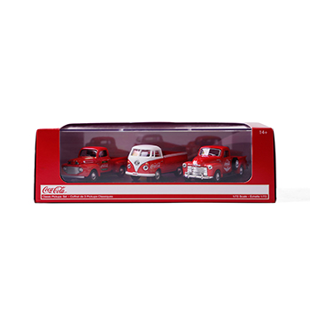 

Набор машинок Motor City 3 в 1 модель Coca-Cola Classic Pickups Set: 1948 Ford F1-1962 VW T1-1953 Chevy 3100, масштаб 1:72, металлические, возраст 14+, 3 шт