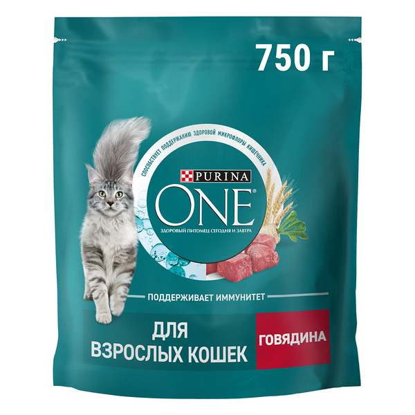 Сухой корм Purina One для взрослых кошек, с высоким содержанием говядины и цельными злаками Пакет 750 г