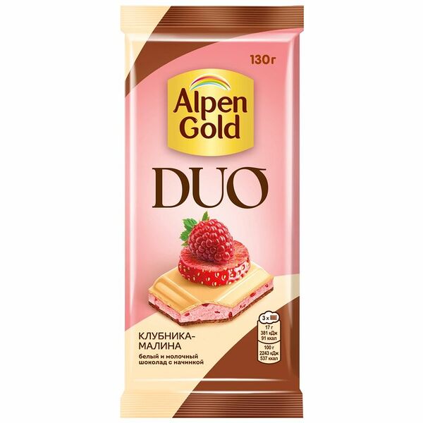 Шоколад белый и молочный Alpen Gold Duo с клубничной начинкой и фруктовыми кусочками 130 г