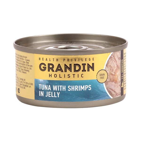 Влажный корм Grandin Holistic для взрослых кошек, тунец с топпингом из креветок в желе, 80 г