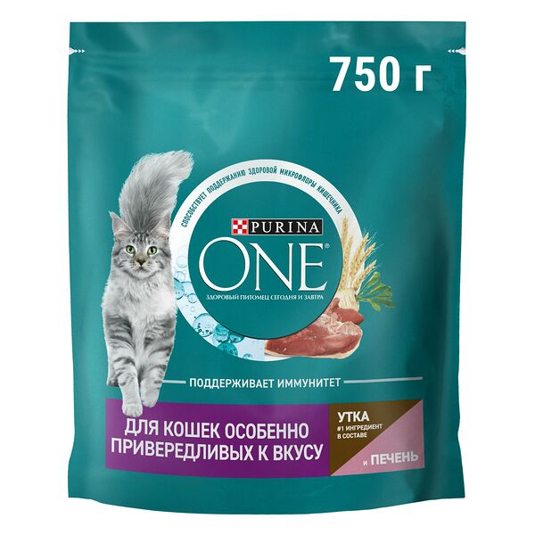Сухой корм Purina One полнорационный для кошек особенно привередливых к вкусу с высоким содержанием утки и c печенью 750 г