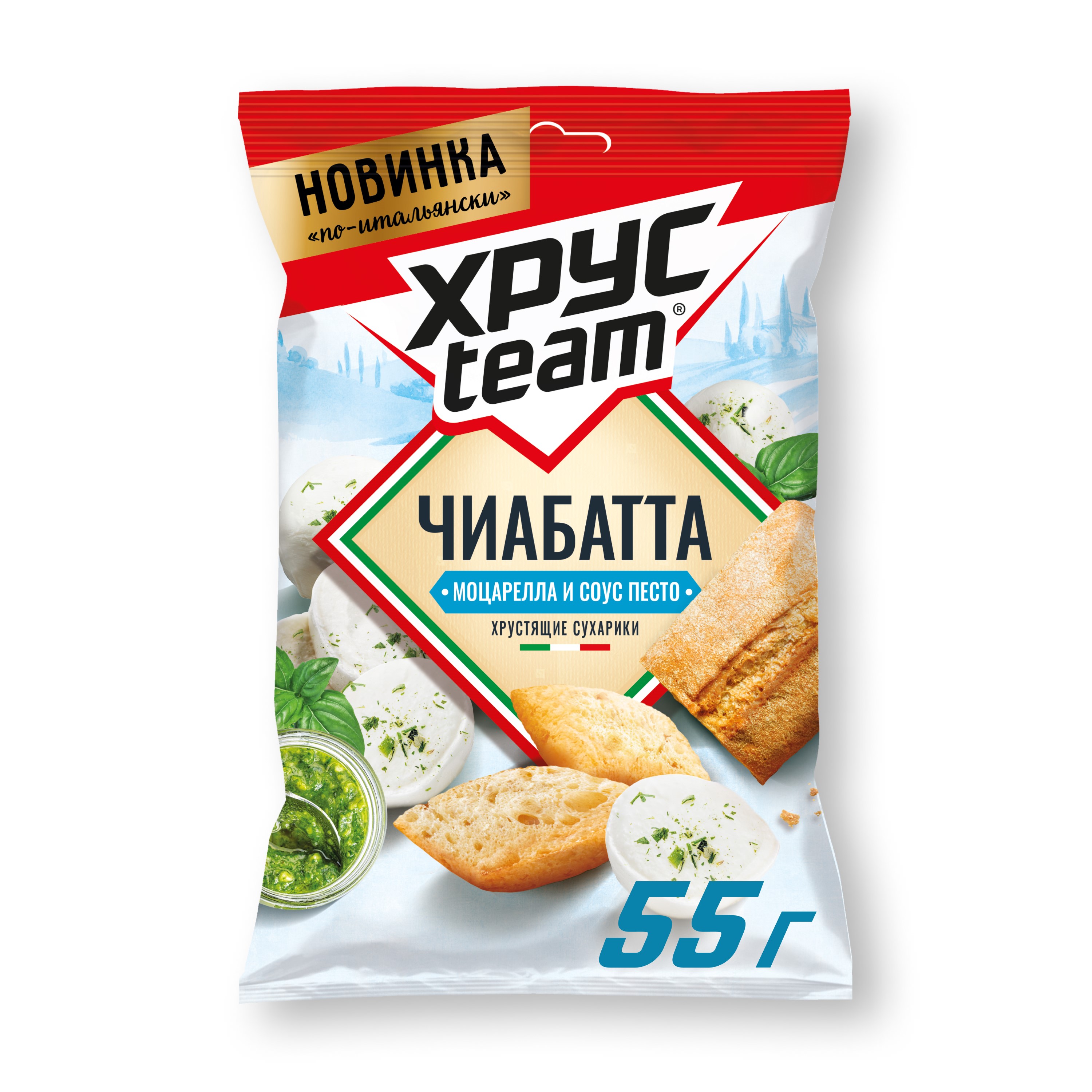 

Сухарики Хрусteam Чиабатта Моцарелла и соус песто 55 г