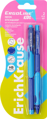 

Набор ErichKrause ErgoLine Kids Neon Super ручка шариковая и карандаш механический