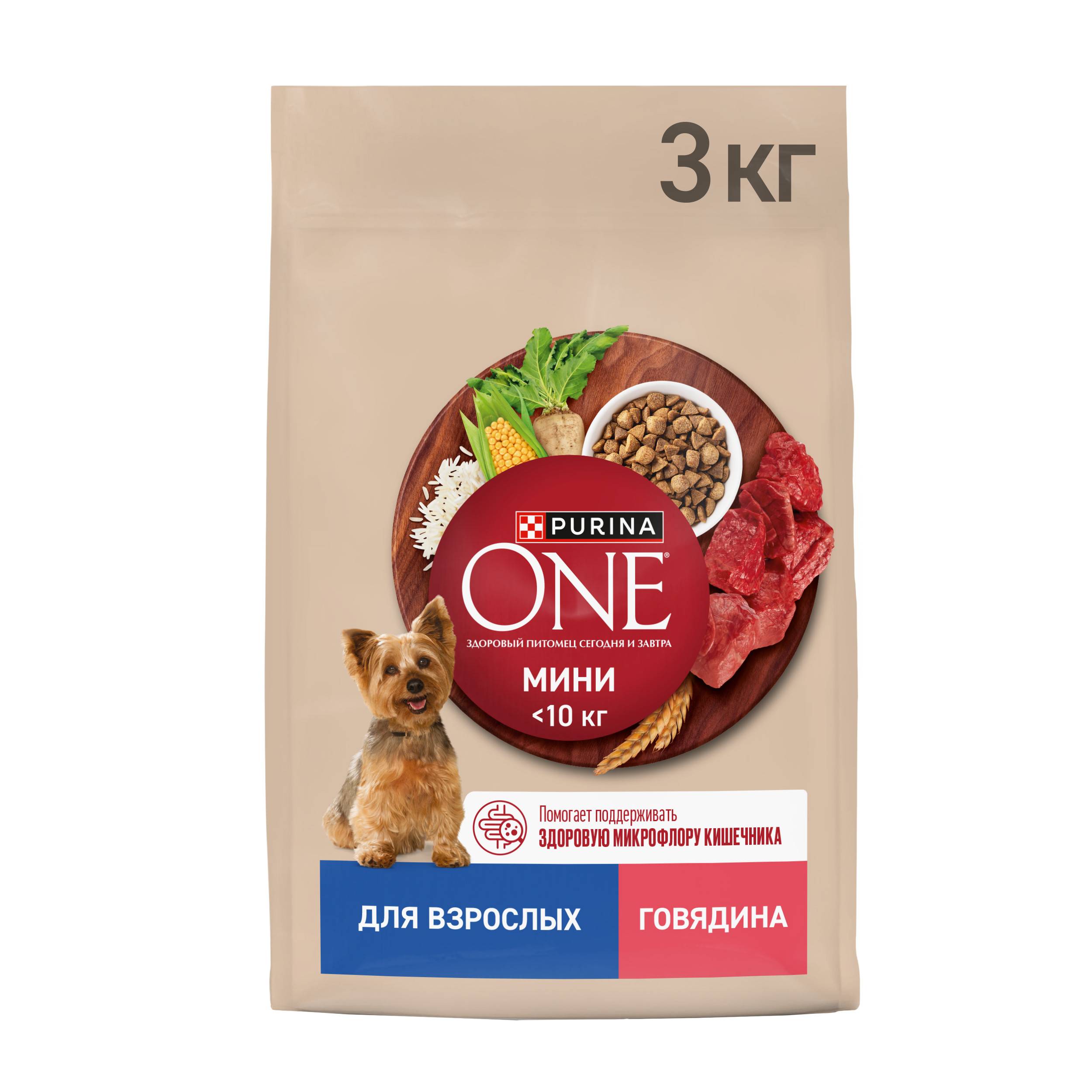 

Сухой корм Purina One для взрослых собак мелких и карликовых пород с высоким содержанием говядины с рисом 3 кг