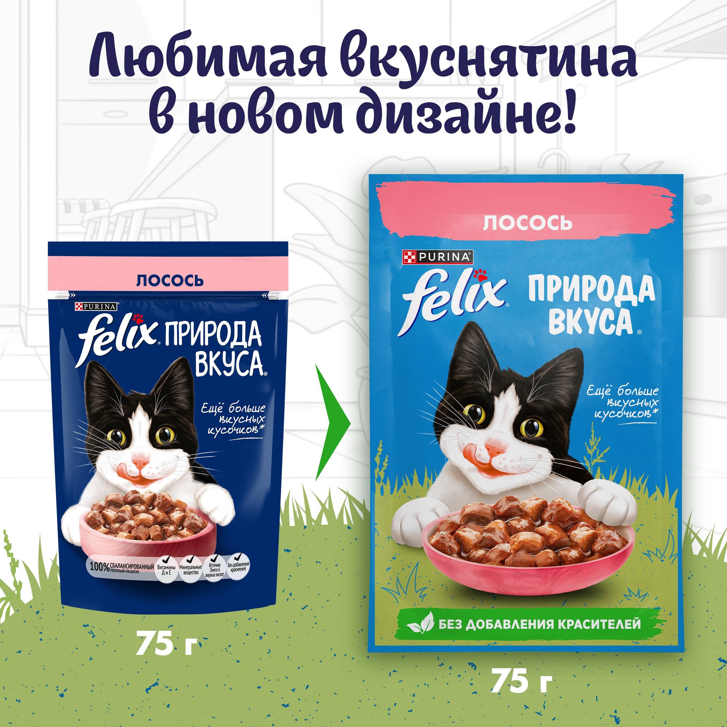 

Влажный корм Felix Природа вкуса для взрослых кошек с лососем в соусе 75 г