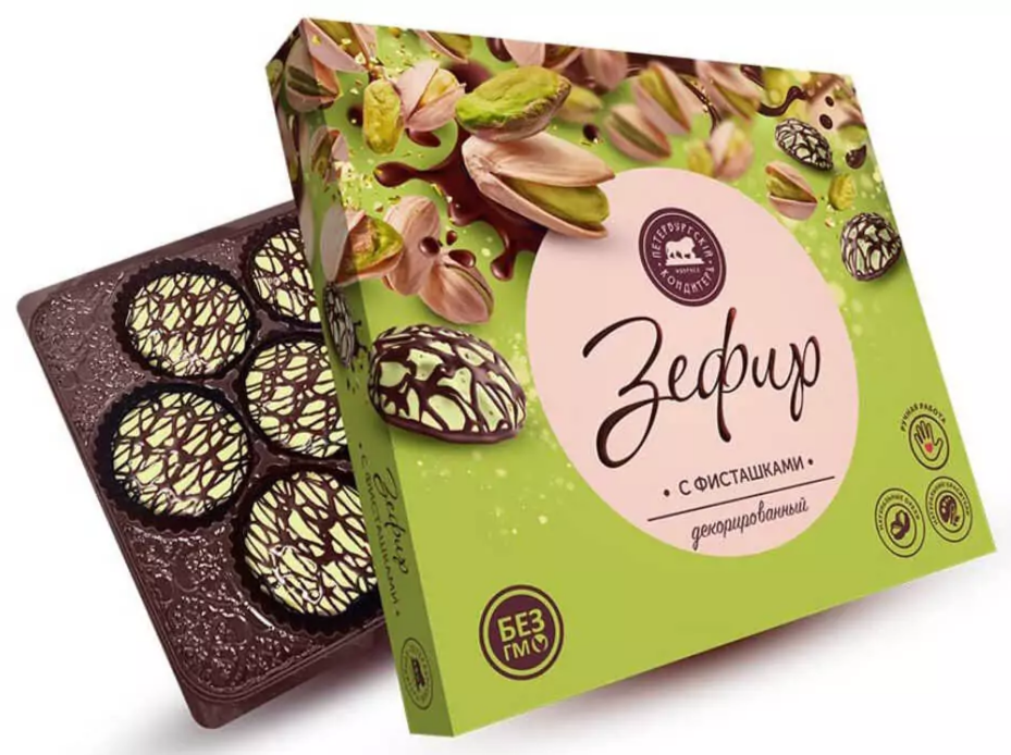 

Зефир Петербургский кондитеръ с дробленой фисташкой в кондитерской глазури декорированный 205 г